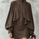 Chocolate high-neck mini dress with cape-style paneling