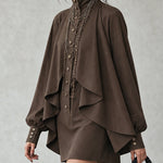 Chocolate high-neck mini dress with cape-style paneling