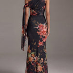Black One-Shoulder Printed Pleated Chiffon Maxi Dress