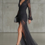 Dark Grey Lace Ruched Sheer Long Sleeve Slit Maxi Dress