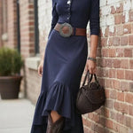 Louna Navy Blue High Collar Maxi Dress With Buttons And Asymmetrical Hem