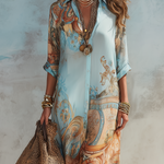 Baroque Style Floral Blue Chiffon Maxi Dress