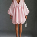 Baby Pink Chffion Deep V Cold Shoulder Mini Dress Puffy Balloon Sleeve Babydoll Party Dress