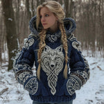 Baumwollmix-Kapuzenstrickjacke mit keltischem Wolfsmotiv