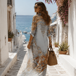 Baroque Style Floral Blue Chiffon Maxi Dress