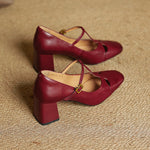 Yuna Genuine Leather T-Strap Mary-Jane Heels