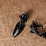 Elain Genuine Leather T-Strap Slingback Heels