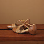 Julie Genuine Leather T-Strap Woven Heels