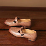 Krea Genuine Leather Whipstitch T-Strap Pumps