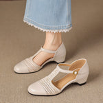 Julie Genuine Leather T-Strap Woven Heels