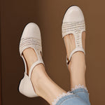 Julie Genuine Leather T-Strap Woven Heels