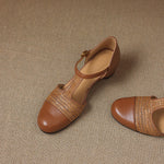Julie Genuine Leather T-Strap Woven Heels