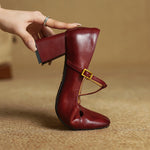 Yuna Genuine Leather T-Strap Mary-Jane Heels