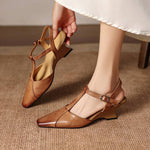 Elain Genuine Leather T-Strap Slingback Heels