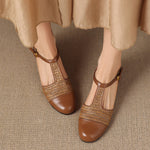 Julie Genuine Leather T-Strap Woven Heels