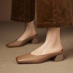 Emy Genuine Leather Square Toe Mule Heels