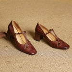 Yuna Genuine Leather T-Strap Mary-Jane Heels