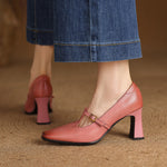 Elodie Genuine Leather T-Strap Heel Pumps
