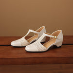 Julie Genuine Leather T-Strap Woven Heels