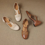 Julie Genuine Leather T-Strap Woven Heels