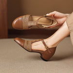 Julie Genuine Leather T-Strap Woven Heels