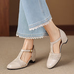 Julie Genuine Leather T-Strap Woven Heels