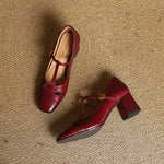 Yuna Genuine Leather T-Strap Mary-Jane Heels