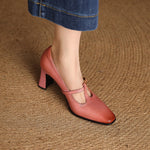 Elodie Genuine Leather T-Strap Heel Pumps