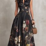 Black Keyhole Collar Floral Pleated Satin Midi Dress