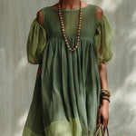 Green Chiffon Off Shoulder Short Sleeve Midi Dress