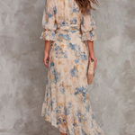 Beige Turtleneck Oil Painting Floral Print Irregular Chiffon Maxi Dress