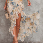 Beige Turtleneck Oil Painting Floral Print Irregular Chiffon Maxi Dress