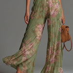 Green Floral V-neck Sleeveless Zip-up Pleated Wide-leg Chiffon Jumpsuit