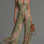 Green Floral V-neck Sleeveless Zip-up Pleated Wide-leg Chiffon Jumpsuit
