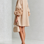 Beige Floral Button-down Mini Dress With Striking Floral Cuffs