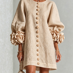 Beige Floral Button-down Mini Dress With Striking Floral Cuffs