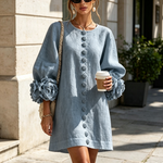 Dusty Blue Floral Button-down Mini Dress With Striking Floral Cuffs