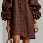 Chocolate Brown Floral Button-down Mini Dress With Striking Floral Cuffs