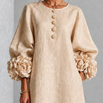 Beige Floral Button-down Midi Dress With Striking Floral Cuffs