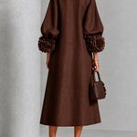 Chocolate Brown Floral Button-down Midi Dress With Striking Floral Cuffs