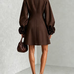 Chocolate Brown Belted A-line Mini Dress Featuring Striking Floral Cuffs