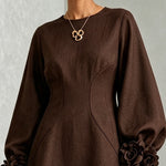 Chocolate Brown Belted A-line Mini Dress Featuring Striking Floral Cuffs