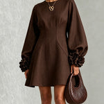 Chocolate Brown Belted A-line Mini Dress Featuring Striking Floral Cuffs
