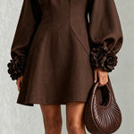 Chocolate Brown Belted A-line Mini Dress Featuring Striking Floral Cuffs