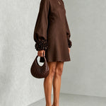 Chocolate Brown Belted A-line Mini Dress Featuring Striking Floral Cuffs