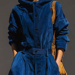 Blue Corduroy Hooded Top & Wide-leg Pants Set
