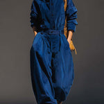 Blue Corduroy Hooded Top & Wide-leg Pants Set