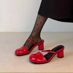Olara Genuine Leather Round Toe Mule Heels