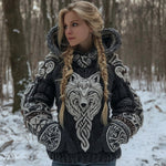 Baumwollmix-Kapuzenstrickjacke mit keltischem Wolfsmotiv