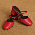 Olara Genuine Leather Round Toe Mule Heels